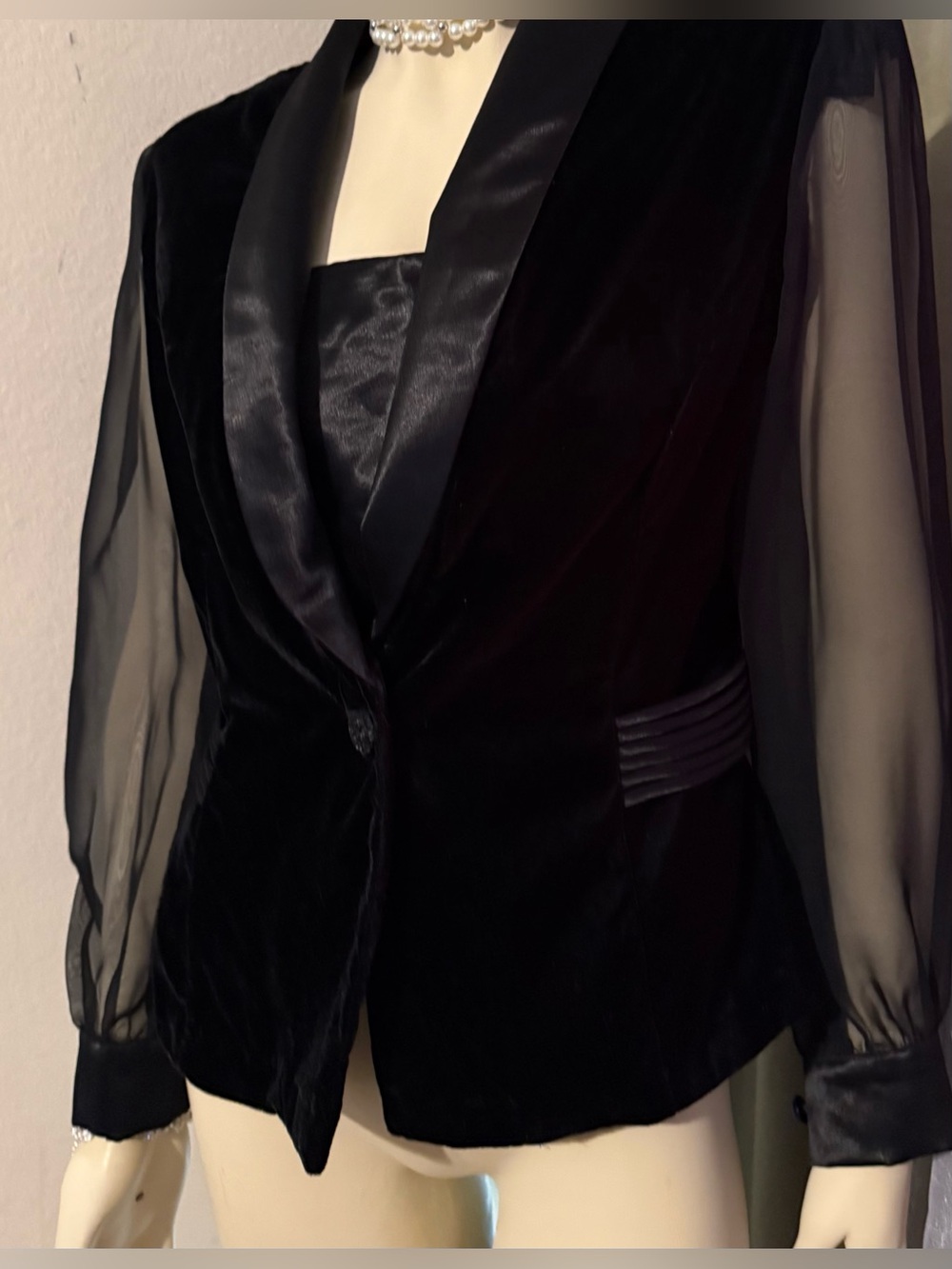 Black Velvet Blazer with Sheer Sleeves and Satin Lapel